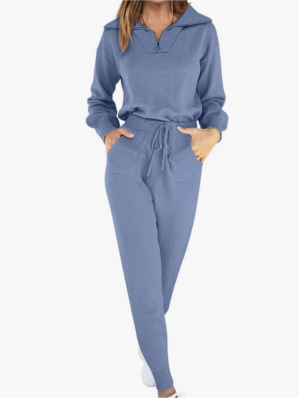 Cozy Two-Piece Knit Lounge Set in Dusty Blue